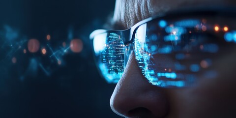 Person wearing glasses with digital code reflection