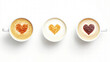 © AngrySun - Top view of 3 cups with cappuccino hearts art latte. Romantic love concept. Copy space. Generative AI