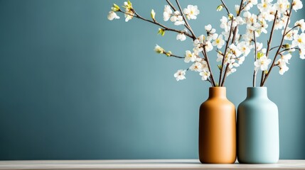 Wall Mural - Two minimalist ceramic vases holding delicate spring blossoms stand against a soft blue background, creating a serene and modern aesthetic in this artwork.