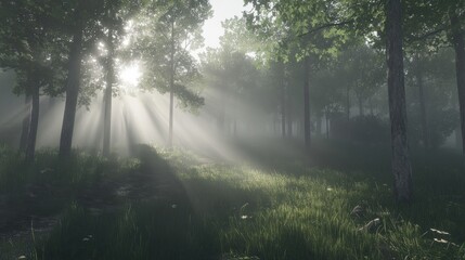 Wall Mural - Sunbeams pierce through misty forest, illuminating lush green grass and tree trunks.