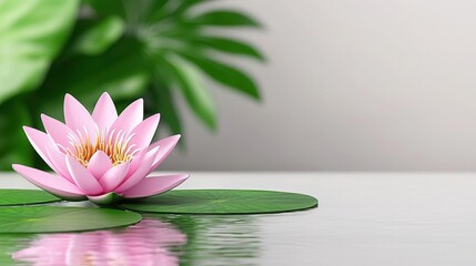 Canvas Print - A photostock of a single pink lotus flower blooming gracefully on still water, surrounded by soft reflections and lily pads, symbolizing purity and tranquility. High Quality