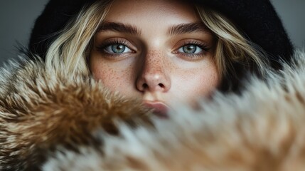 A close-up portrait of a woman wearing a hooded fur coat, focusing on her captivating blue eyes and freckles, conveying warmth and intimacy.