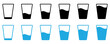 © GraphicSpark - Water glass icon set in black color on white background. Full and empty glass of water flat icon set.  Glass with water isolated set. Drinking water glass icon.  Drink glass icon collection in color.