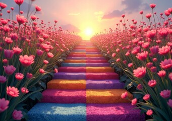 Wall Mural - Colorful staircase framed by vibrant flowers during sunset in a serene landscape