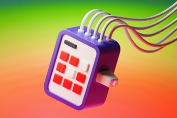 Poster - A vibrant 3D render of a futuristic purple device with red and white buttons, connected by multiple cables.