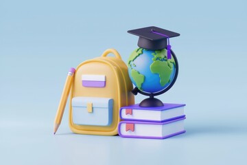 Aufkleber - Backpack, books, globe, pencil, and graduation cap symbolize global education.