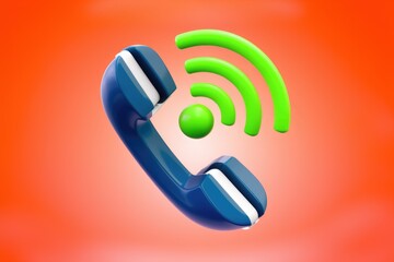 Fototapete - 3D illustration of a blue telephone with a green wifi signal, symbolizing wireless calling.