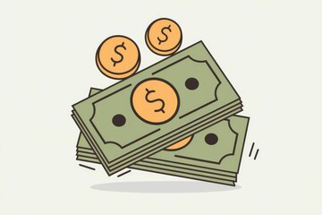 Aufkleber - Stack of money with coins falling, illustrating wealth, finance, and prosperity.