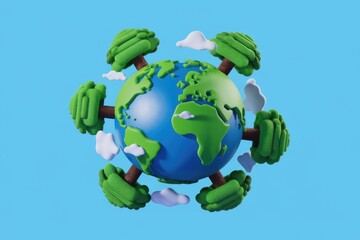 Poster - Cartoon Earth embraced by six green trees, symbolizing environmental protection and sustainability.