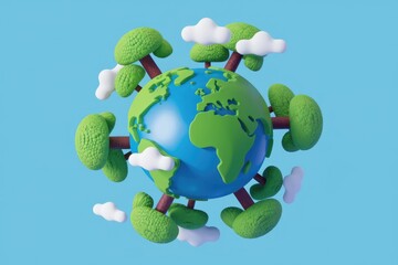 Poster - A 3D cartoon Earth surrounded by trees and clouds, symbolizing environmental protection and sustainability.