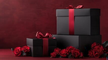 Wall Mural - Elegant black gift boxes adorned with red ribbons and roses