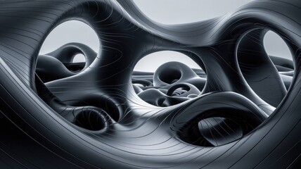 Fototapete - Abstract 3D rendering of a dark, flowing, organic form with smooth curves and interconnecting tunnels.