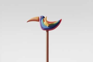 Poster - A vibrant rainbow toucan perched atop a slender brown stick against a stark white backdrop.