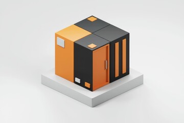 Poster - Abstract 3D model of a cube with orange and black panels, showing a minimalist design.
