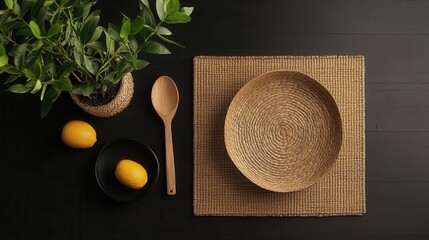 Poster - Minimalist dining setup with natural elements and lemons