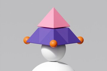 Fototapete - Abstract 3D rendering of stacked pyramids and spheres in pink, purple, white, and orange.