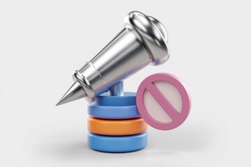 Aufkleber - A metallic object resembling a nail or spike rests atop colorful cylinders, accompanied by a prohibition symbol.