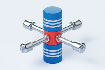 Poster - Abstract 3D rendering of a blue and red cylindrical structure with four metallic arms.