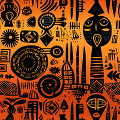Tribal art pattern with African symbols on gradient background.