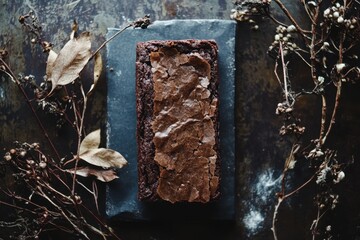 Wall Mural - Delicious Chocolate Brownie on Dark Slate Background