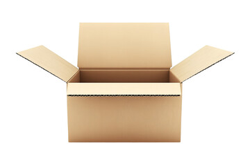 An open cardboard box with flaps upright, isolated on white background, png, transparent.