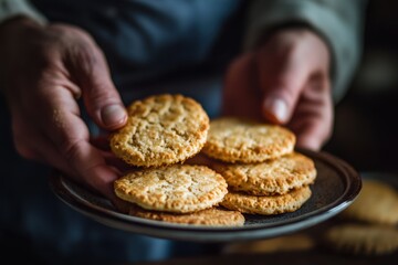 Wall Mural - Hands holding a plate of freshly baked golden cookies