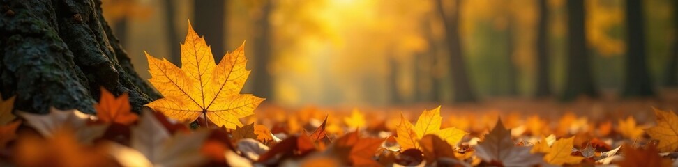 Wall Mural - Yellow maple leaf peeking from under fallen leaves, trees, brown