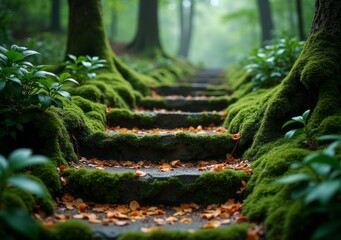 Wall Mural - Lush moss-covered stone steps leading through a serene forest pathway in autumn