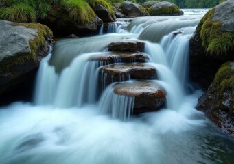 Wall Mural - Water flows gracefully over stones in a serene forest landscape