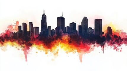 Canvas Print - Fiery Sunset Cityscape Watercolor Skyline Art