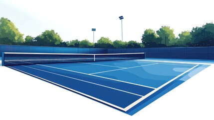 Wall Mural - Blue tennis court outdoors with net, trees, and lights.