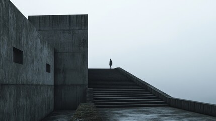 Wall Mural - solitary figure ascending concrete stairs leading to a minimalist building shrouded in fog.