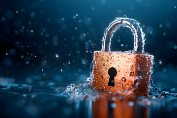 Wall Mural - Water drops on padlock, security concept, dark background, splash, protection