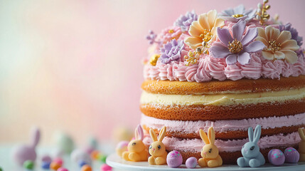 Wall Mural - Floral Easter cake with bunnies on pastel background, celebration