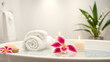 © Tark - Spa background towel bathroom white luxury concept massage candle bath. Bathroom white wellness spa background towel relax aromatherapy flower accessory zen therapy aroma beauty. Generative AI
