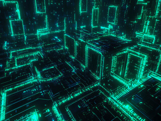 Wall Mural - a computer generated image of a cityscape with many buildings and green lights