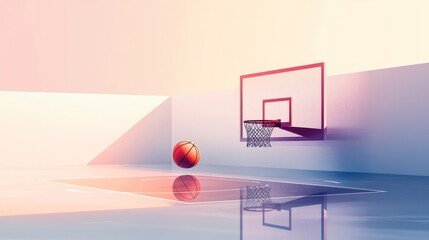 Wall Mural - Basketball court sunrise, ball near hoop.