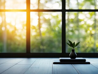 Wall Mural - A serene indoor scene featuring a small plant on a stack of books, illuminated by warm sunlight streaming through a large window.