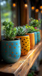 © wahyu - Colorful potted succulents on wooden shelf.