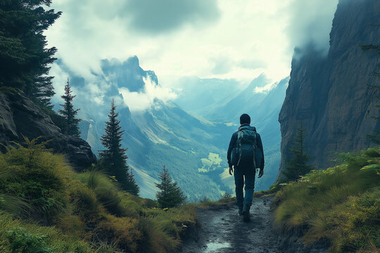 photo réaliste professionnelle d’un aventurier solitaire sur un sentier de montagne avec vue sur val