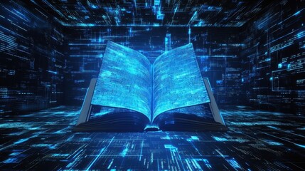 Wall Mural - open book with digital data visuals in futuristic environment
