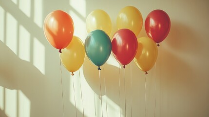 Wall Mural - Colorful balloons against a wall with window light.