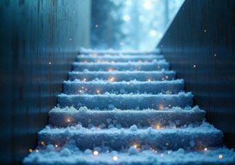 Canvas Print - Snow-covered stairs illuminated by soft lights in a winter setting