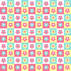 Wall Mural - Floral seamless pattern.Colorful flowers in squares grid checkered repeat pattern.Vector graphic illustration wallpaper.Spring background.