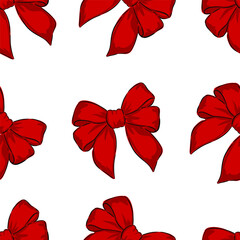 Wall Mural - Hand drawn pattern of vibrant red bows on a white background creating a festive atmosphere