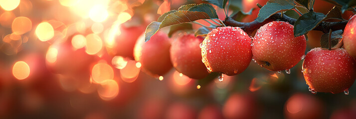 Poster - Orchard scene at golden hour with ripe apples hanging from branches, backlit by the setting sun,