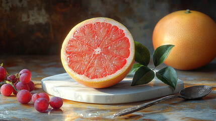 Poster - A single grapefruit half perched on a marble coaster, with a metal spoon beside it,