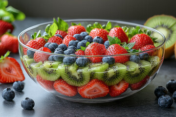 Poster - A modern fruit salad arrangement in a transparent glass bowl with layers of kiwi, strawberries, and blueberries,
