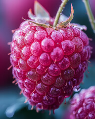 Poster - Close-up of a single raspberry with tiny details of the druplets in sharp focus,