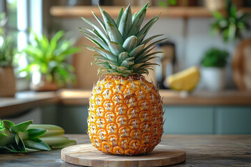 Poster - Large pineapple placed upright in a stylish kitchen with minimal dÃ©cor, highlighting its spiky crown,
